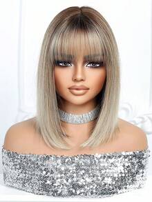 14英寸渐变金色波波头假发，女士短直发带刘海，合成纤维材质，耐热，适合日常派对、角色扮演、日常佩戴、假日旅行、节日美妆必备、万圣节、圣诞节礼物、送给女朋友的礼物、夏季、节日护理