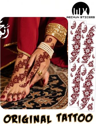 4 件/套手花图案棕红色栗色性感脚手指纹身贴纸，女性花卉美甲防水临时纹身，棕色纹身贴纸适用于女性身体艺术、婚礼派对