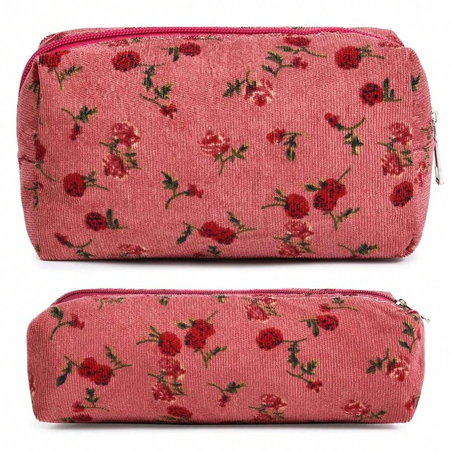 Checkered Makeup Bag Preppy Cosmetic Bag Bulk Blue Makeup Pouch Travel Toiletry Bag Organizer Cute Makeup Brushes Storage Bag Women Fashion - Red Rose - 查看 1