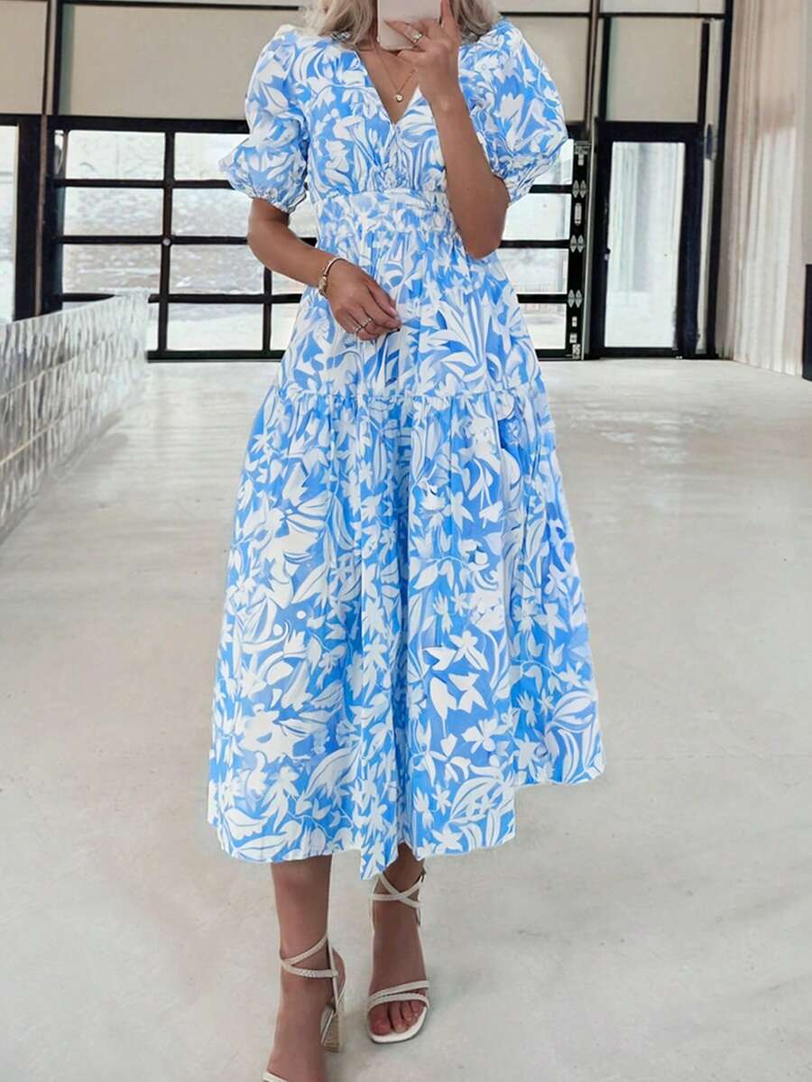 Sky Blue Floral V-Neck Puff Sleeve Flowy Dress, Summer Vacation Elegant - Blue - View 1