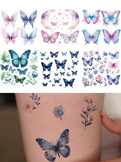 STARTTOOS 6 pièces Tatouages temporaires avec motifs de papillon pailleté, de croissant, d'étoile, de fleur, autocollants de tatouage imperméables pour femmes pour usage quotidien, fête, cadeaux de vacances, décoration du corps, poignet