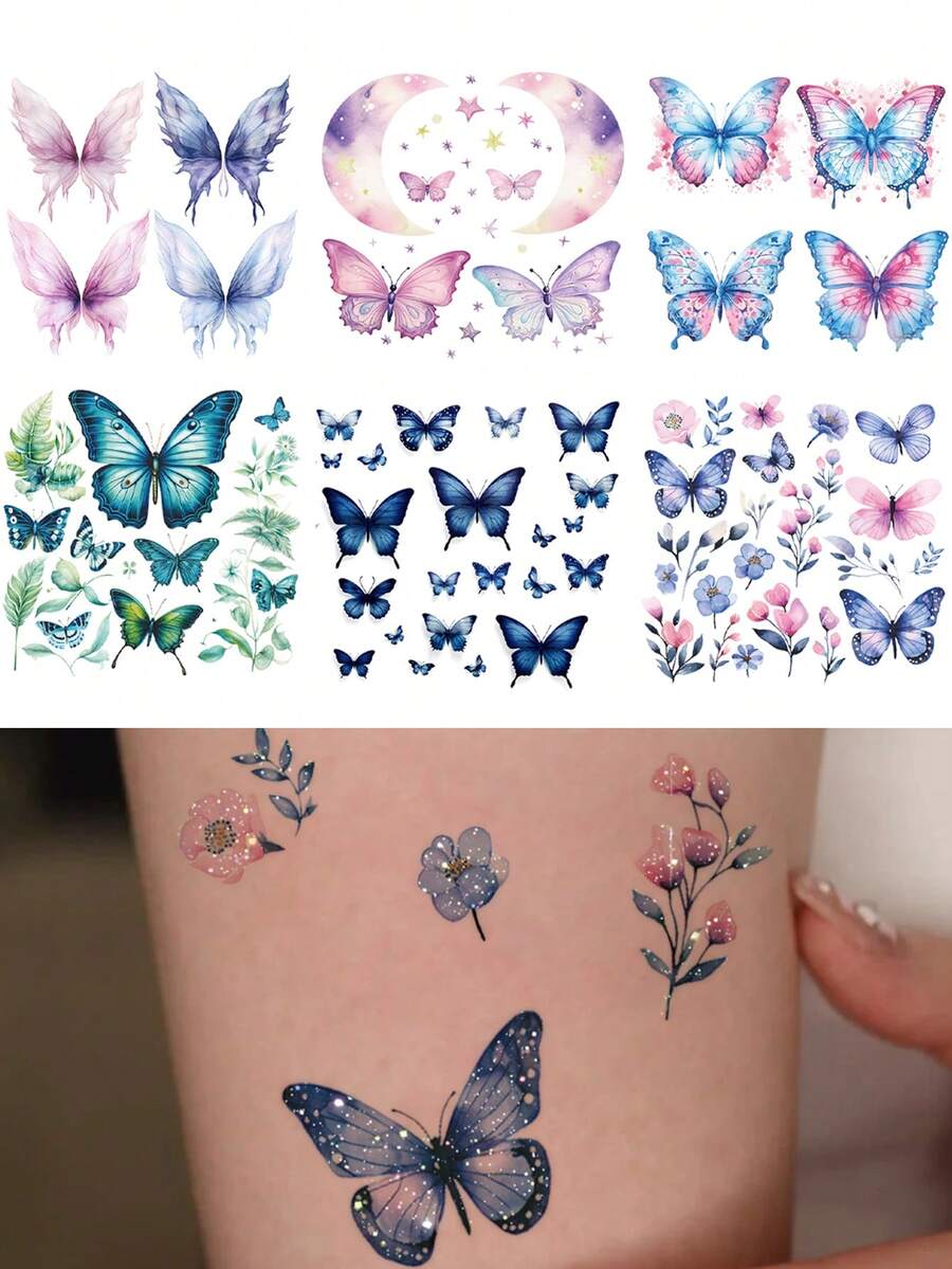 STARTTOOS 6pcs Glitter Butterfly, Crescent, Star, Flower Pattern Temporary Tattoos, Waterproof Tattoo Stickers For Women Daily, Party, Holiday Gifts, Body Decor, Wrist