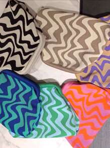 Bolso de embrague de punto a rayas y parches de moda, bolsa de maquillaje con estructura duradera y patrón ondulado de punto, bolsa de almacenamiento elegante para exteriores, bolsa de playa de vacaciones, bolsa de fiesta y noche, artículos de viaje portátiles de uso diario