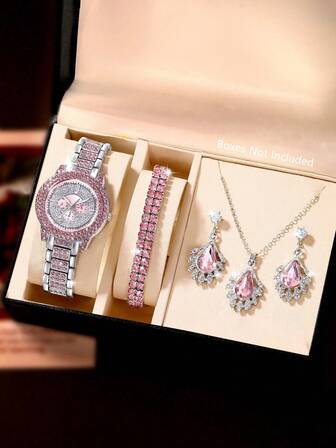 Bu zarif ve şık kadın saat seti, pırlantalarla süslenmiş yuvarlak bir kadran ve uyumlu bir kayışa sahiptir. Kolye, küpe, yüzük ve bileklik içeren lüks bir kuvars saattir; günlük kullanım, doğum günü hediyeleri, partiler, tatil buluşmaları ve kendiniz veya arkadaşlarınız için ideal bir hediye seçeneğidir. (Ambalaj dahil değildir).