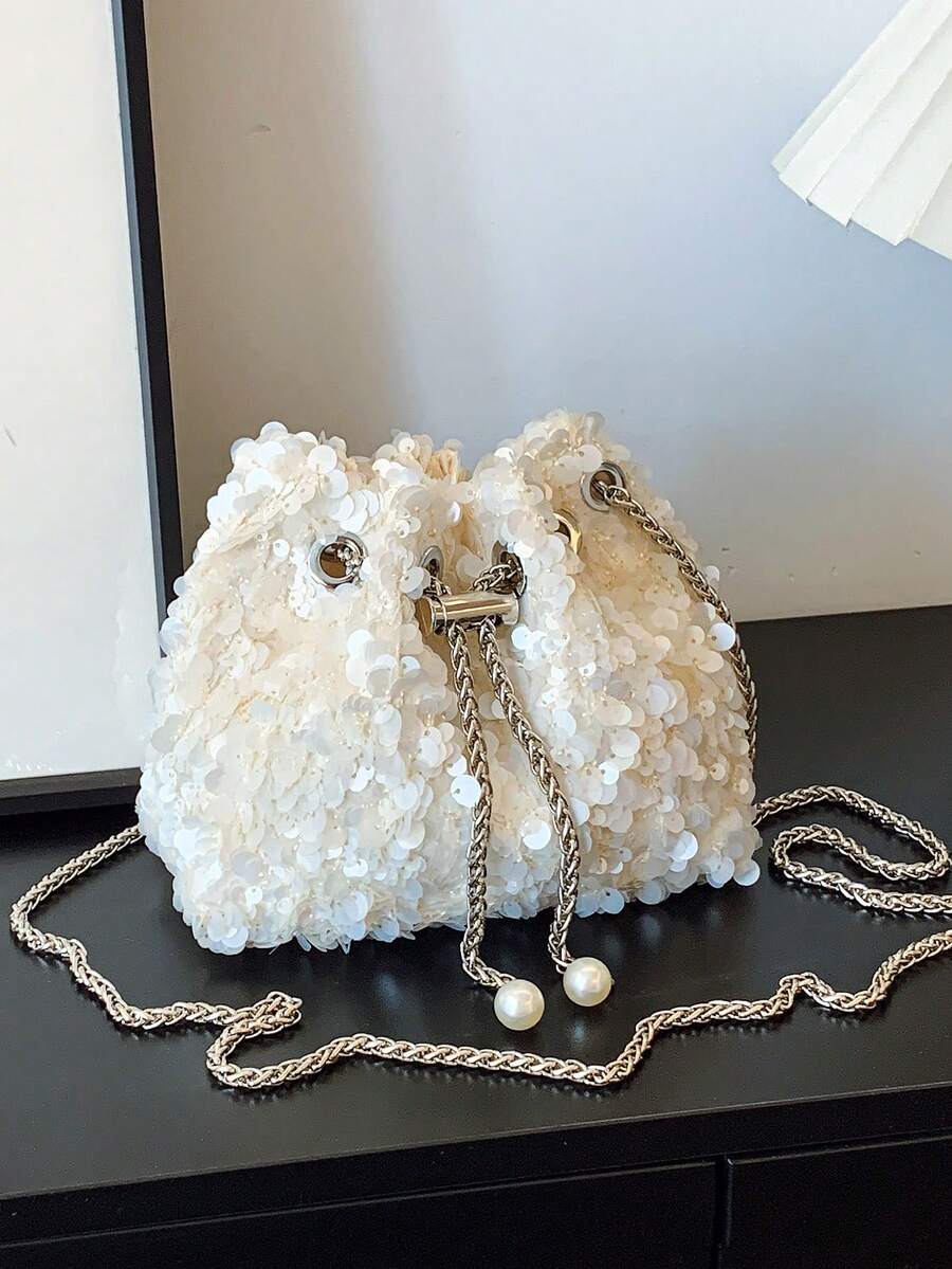 1 chiếc túi đeo chéo xích ngọc trai, mini đính sequin lấp lánh, màu trắng sữa, dành cho nữ, dùng để đi chơi/tiệc/ăn tối vào mùa hè, cuối tuần và sử dụng hàng ngày