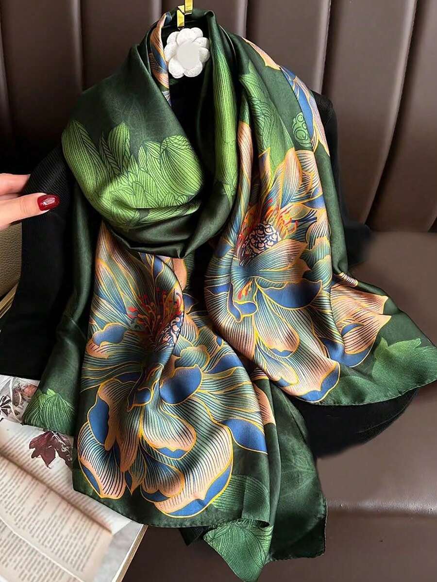 1pc Women Silky Long Scarf With Floral Print For Dress - Green - View 1