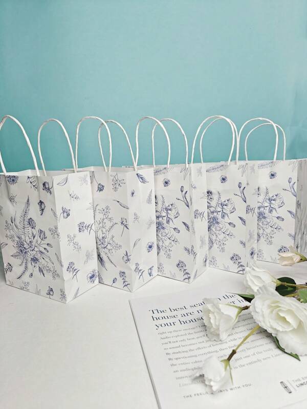 4 Stücke/8 Stücke blaue Blumen Kraftpapiertüte, blau-weiße Porzellan Chinesischer Stil Handtasche, geeignet für: Geschenkverpackung, Unternehmen, Einzelhandel, Lebensmittel, Boutiquen, tägliche Einkaufstüten, Verpackung tragbare Papiertüten