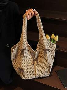 Yogodlns Bolso de hombro de punto casual y de ocio, bolso de mano bohemio y dulce con trenzado, bolso de mano de ganchillo calado con lazo grande, bolso tipo tote para vacaciones de verano para mujer, bolso hobo de unicolor y estético con gran capacidad, bolso de mano de punto grande para uso diario de señoras