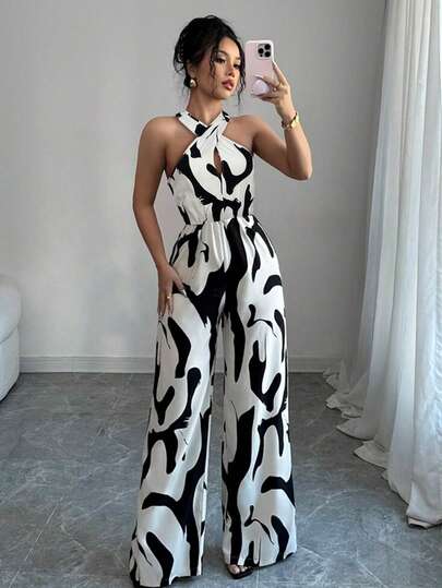 Women's Bohemian Style Backless Criss-Cross Strap Waist Jumpsuit With Retro Print, Popular Spring/Summer Vacation Design