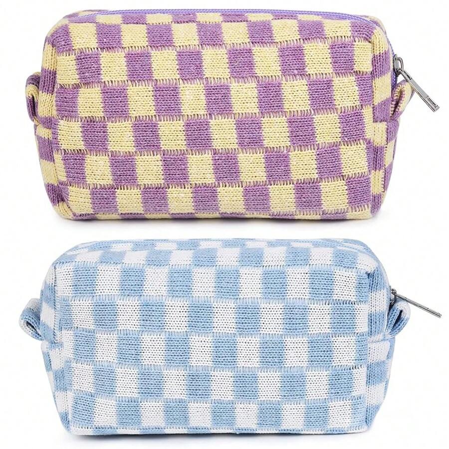 Checkered Makeup Bag Preppy Cosmetic Bag Bulk Blue Makeup Pouch Travel Toiletry Bag Organizer Cute Makeup Brushes Storage Bag Women Fashion - 紫色和藍色 - 查看 1