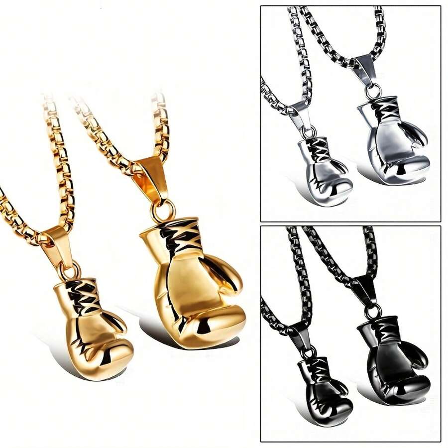 Men's Vintage Boxing Gloves Pendant Necklace , Titanium Color Finish, Fashion Punk Style