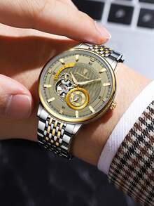 POEDAGAR 1pc Business Men's Stainless Steel Automatic Skeleton Tourbillon Mechanical Wrist Watches, Casual Man Wristwatch With Waterproof Luminous Function, Fashionl Male Watch Suitable For Daily Occasion, Gifts For Men - Grey - View 11