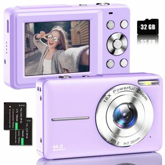 Nicamery 2025 年最新 1080P 44MP 数码相机，适合摄影、数码傻瓜相机和拍摄，16 倍变焦，32GB 存储卡，2 块电池，紧凑型旅行相机，是送给青少年和老年人的完美礼物