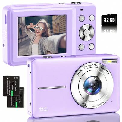 Nicamery 4400万像素1080P数码相机，16倍光学变焦，32GB存储卡，2块电池，便携式旅行相机，适合摄影，数码傻瓜相机，青少年和老年人的理想礼物