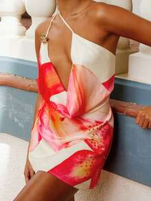 Vestido deslizante de verano con estilo para mujer, vestido mini con tirantes tipo espagueti, espalda descubierta, asimétrico y estampado floral para fiesta - Blanco - Ver 2