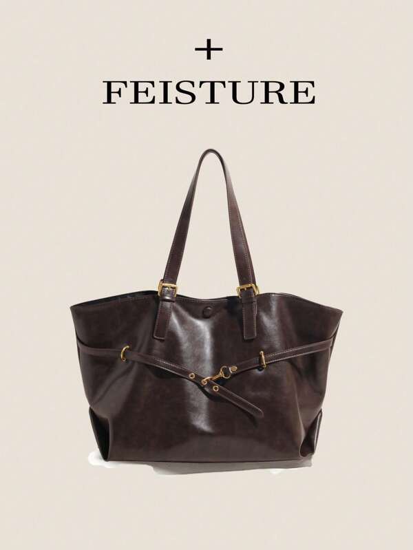 1 pièce FEISTURE, sac de course en PU de couleur unie grand sac à bandoulière, grand sac fourre-tout rétro pour femmes à capacité élevée, fermeture éclair, double poignée et bandoulière, convient aux filles, femmes, étudiants, nouveaux employés et cadres, très approprié pour le travail, les affaires, les déplacements, l'école