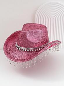 1pc Unisex Metallic Shine Solid Color Cowboy/Cowgirl Hat With Colorful Gems Studded Belt, Bling Tassel Accent, Suitable For Birthday Party, Western Theme Event, Gathering, Cosplay, Graduation, Masquerade, Festival, Wedding, Birthday Celebration, Music Festival, Coming Of Age Ceremony Thanksgiving Christmas Winter Holiday Outfit Women