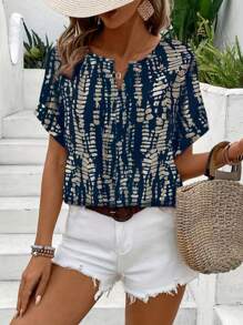 女士夏季休闲V领短袖印花衬衫，美式复古纹理印花衬衫，度假风百搭修身设计 - 藏蓝色 - 查看 5