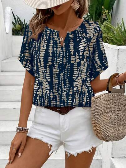 Chemise d'été décontractée pour femmes à col V et manches courtes avec imprimé tout-sur-tout, chemise à texture d'impression vintage américaine, style vacances avec design polyvalent et flatteur