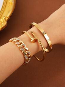 Conjunto de 3 piezas de brazalete de acero inoxidable con encantos de uña y trébol, apropiado para uso diario de mujeres, regalo de Navidad, obsequio de festividades