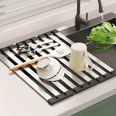 1 件不锈钢可扩展碗碟干燥架 - 可折叠厨房水槽收纳架，节省空间的沥水篮，适用于台面/洗碗机，防锈且无需用电的干燥解决方案（现代哑光饰面）