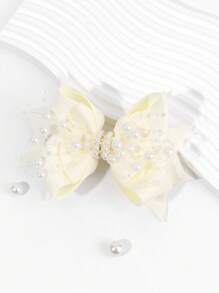 1 pieza Lazo para el cabello con perlas y malla para niñas, Clip para el cabello blanco de moda adecuado para uso diario y fiestas de cumpleaños