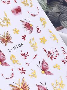 2 件盛开的花朵蝴蝶指甲贴纸金属红金色花朵法式美甲装饰指甲贴花粘性 DIY 贴纸适合女士女孩日式指甲艺术