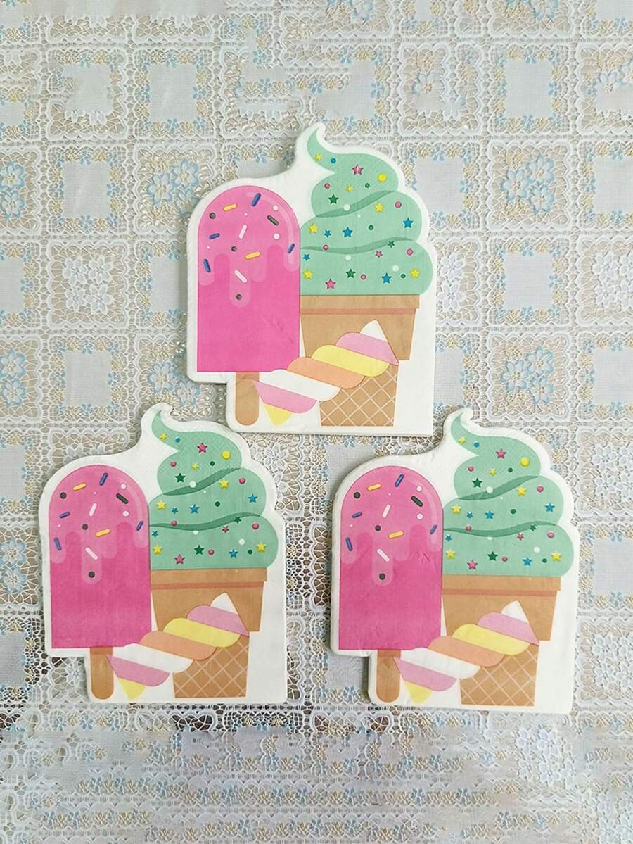 20pcs Ice Cream Print Paper Napkins Cute Cone Disposable Party Napkins Decorations - Multicolor - View 1
