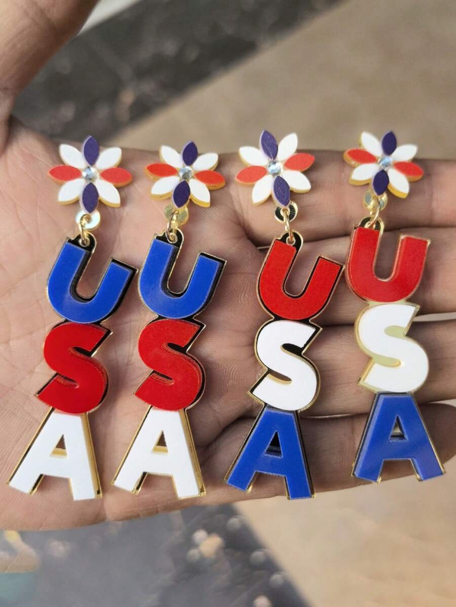 2pcs Of Fashionable American Independence Flower USA English Letters Red, White And Blue Color Matching Earrings Simple Style Acrylic Color Matching Women's Pendant Earrings Suitable For Independence Day Special Event Occasions Theme Party