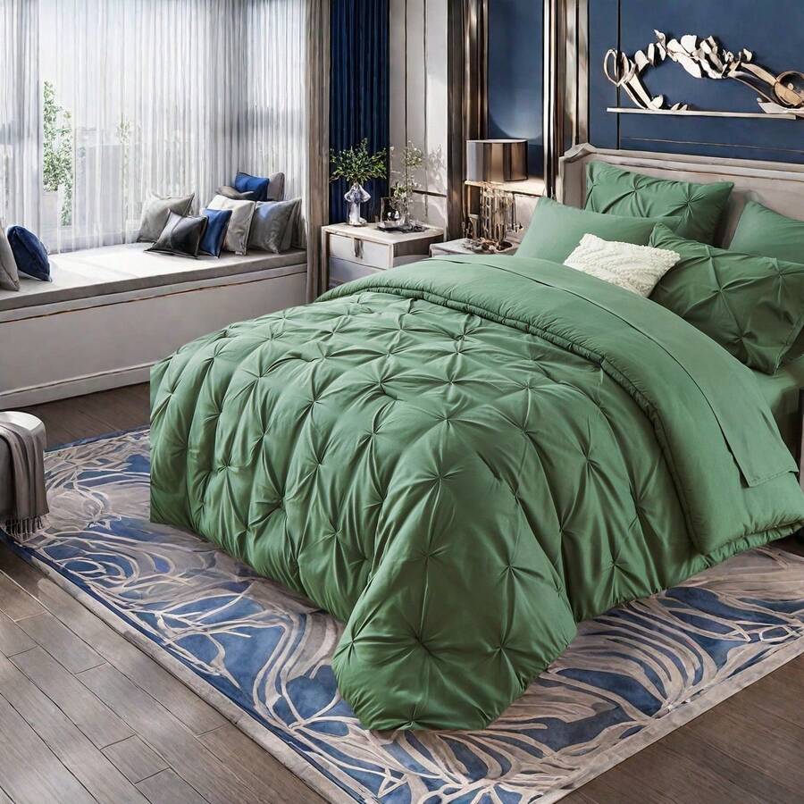 7 Pieces (Full/Queen/King) Elegant Bed In A Bag Comforter Set, Twin(5 Pieces),Stylish Solid Comforter, Soft Microfiber, Comfortable And Warm, Cloud-Like Soft Bedding Set, Bedroom Decor For Spring/Summer/Autumn/Winter, Ideal Gift - 墨綠色 - 查看 1