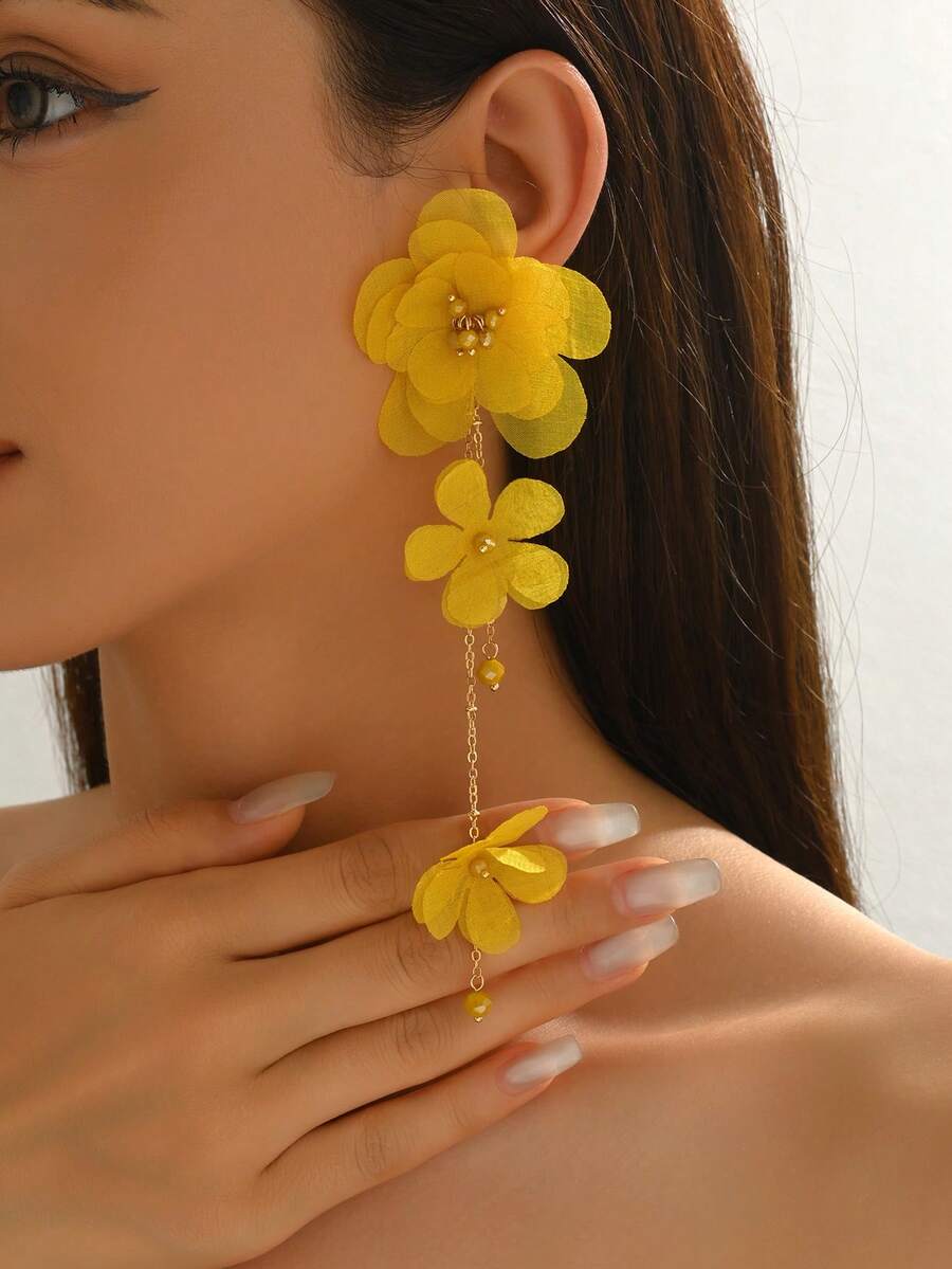 1 对女士优雅布艺花朵长耳环，适合日常佩戴 - 黃色 - 查看 1