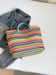 Bolsa tote de palha grande com letras listradas coloridas e bordadas, leve e prática, cor contrastante, bolsa para viagem na praia, adequada para mulheres, bolsa versátil, bolsa para laptop, bolsa de múmia, bolsa de viagem, bolsa grande unissex