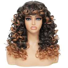 GKtineke-Curly-Wig Big-Curly-Wigs-For-Women 20 Inch- Long-Curly-Afro-Wig-With-Bangs Synthetic-Hair-Replacement-Wigs-For- Cosplay And Daily (Ombre Brown) - 漸層棕色 - 查看 2