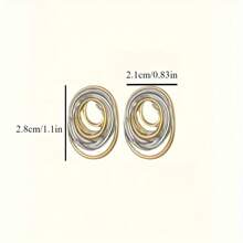 High-End Two Tone Earrings Mix Silver Color And Gold Color Stainless Steel Oval Line Stud Earrings Exaggerated Gold Color Party Earrings Women Simple Jewelry Accessories