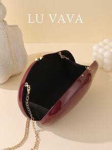 LU VAVA 春夏石纹亮面糖果色手拿包，可拆卸金色链条肩带，适合舞会和约会之夜使用，酒红色/黑色/乳白色奢华派对配饰 - 酒紅色 - 查看 6