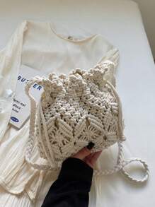 1pc Hollow Weaved Bucket Crossbody Bag, Women New Small Woven Bag, Unique Beach Vacation Style Shoulder Bag, Fashion Chic Envelope Bag