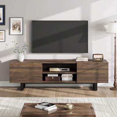 HomelyHues Industrial TV Stand For 80 Inch, Modern Entertainment Center With 2 Drawers, Wooden Media Cabinet With Heavy Duty Leg And Open Storage, TV Console Table For Living Room