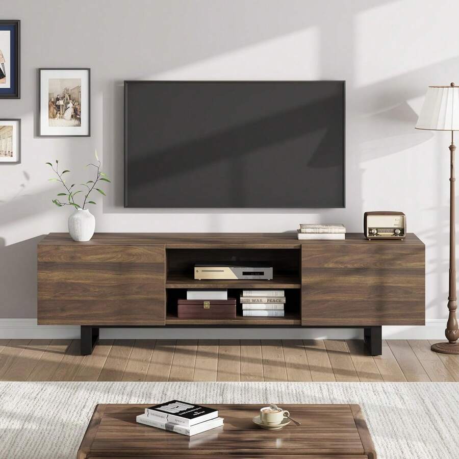 HomelyHues Industrial TV Stand For 80 Inch, Modern Entertainment Center With 2 Drawers, Wooden Media Cabinet With Heavy Duty Leg And Open Storage, TV Console Table For Living Room