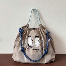 New Women's Crossbody Bag Nylon Shopping Bag Cat Embroidery Lightweight Tote Bag Folding Storage Suitable For Commuting Travel Leisure Outdoor Party Holiday Gifts