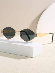 2 件装金属框椭圆形和菱形复古时尚眼镜，男女皆宜，适合日常佩戴、外出、海滩 - 菱形金灰+圓形金綠 - 查看 3