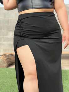 Truni Elyhuante_03 Plus Size Women's Solid Color Simple Side Slit Long Skirt, For Pear Triangle Body Shape