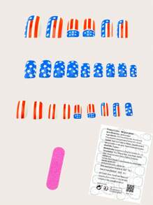 24 Peças Kit de Unhas Postiças Quadradas Médias Francesas Azul, Design Estrela e Listras da Bandeira do Dia da Independência Brilhante, Ajuste Perfeito para Unhas Falsas, Kit de Unhas Falsas de Cobertura Completa, Inclui 1 Peça folha de Adesivos e 1 Peça Mini Lixa, Para Uso Diário, Escritório, Casa, Festa, Acessórios de Joias Femininas, Dicas de Unhas Falsas 1 Peça Tira de Lixa Gelatina Gel, Remessa Aleatória