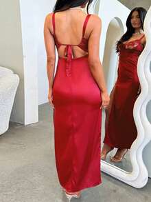 WOWDARK Women's Elegant Sexy Lace Splice Backless High Slit Camisole Dress, Summer