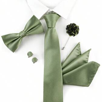 ZONFAZ 5pcs/Set Men Business Classic Versatile Solid Color Necktie + Bowtie + Pocket Square + Cufflinks + Brooch Suit Accessories Set, Suitable For Wedding, Ceremony, And Daily Suit Match Men Necktie