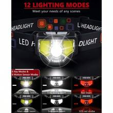 Headlamp Rechargeable 2PCS 1200 Lumen Super Bright LED Flashlight With Motion Sensor For Adults And Camping Accessories Gear Waterproof For Hiking Running Fishing Cycling