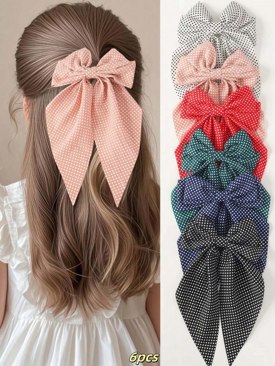 6pcs Girls Fashion Minimalist Elegant Versatile Hair Clips Polka Dot Ribbon Bow Bun Claw Clips