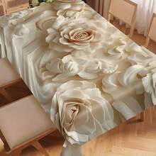 1pc Elegant White Rose Polyester Tablecloth - Modern Art Design, Suitable For Restaurant Decor, Wedding, Picnic, Camping And Birthday Party, Wedding Tablescape, Refined Tabletop Setting, Woven, Polyester Fabric, Rectangle, Wedding Table Decor | Elegant Tabletop Decor | Tablecloth - Black - View 3