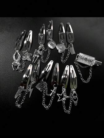 Gothic Halloween Hair Clip - Metal Hair Clip With Tassel Chain, Bowknot And Skull Decor, Suitable For Teenagers And Adults, With Punk Hiphop Style Design Featuring Spider, Brain, Knife, Lightning, Handcuff Etc. - Metal Solid Color Clamp Hair Clip - Fashion Accessory For 14 Years Old And Above, Bows, Cute, Classy, Winter Outfit Women, Hair Accessories