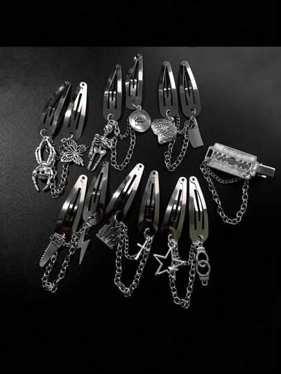 Gothic Halloween Hair Clip - Metal Hair Clip With Tassel Chain, Bowknot And Skull Decor, Suitable For Teenagers And Adults, With Punk Hiphop Style Design Featuring Spider, Brain, Knife, Lightning, Handcuff Etc. - Metal Solid Color Clamp Hair Clip - Fashion Accessory For 14 Years Old And Above, Bows, Cute, Classy, Winter Outfit Women