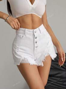 Short en jean blanc déchiré vintage pour femmes - Short court à taille haute déchiré en 100% coton avec ourlet effiloché et fermeture par bouton - Short en jean délavé pour femmes - Déclaration de mode d'été parfaite !